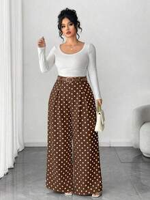 Pantalones de pierna ancha para mujer de talla grande, unicolor albaricoque, estilo elegante, de moda para ir al trabajo y la oficina - Marrón - Ver 3