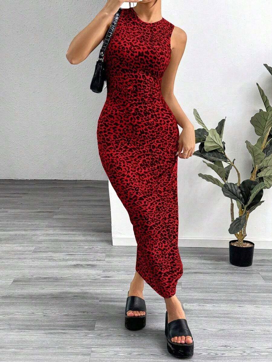 Vestido ajustado sin mangas con estampado de leopardo para mujer - Rojo - Ver 1