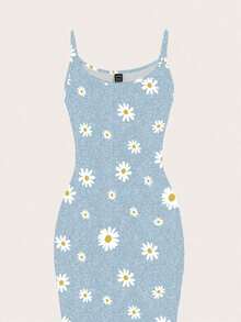 Vestido ajustado con estampado completo de margaritas blancas sobre textura mecánica azul con estilo minimalista casual, adecuado para vacaciones de verano - Multicolor - Ver 3