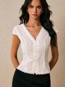 Blusa de mujer de unicolor con diseño de botones y encaje en contraste - Blanco 2 - Ver 8