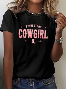 Vintage Style Printed T-Shirt Decorated With Rhinestones, Casual Short Sleeve Top With Round Neck, Women's Clothing For Spring/Summer. - 黑色 - 查看 6