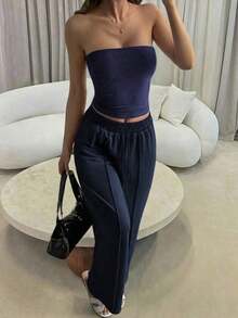 Conjunto de 2 piezas de ropa de otoño Vaiaye: Top corto ajustado y sexy sin tirantes, camiseta básica de unicolor elástica y ajustada, top tipo bandeau para yoga; Conjunto de pantalones para primavera/verano - Marina de - Ver 8