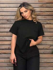 Blusa con detalle de costura sólida, estilo casual de negocios para mujer, ropa de trabajo - Negro - Ver 6
