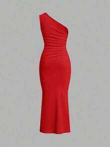 Vestido maxi de cola de pez con hombro asimétrico arrugado de unicolor sin mangas - Rojo - Ver 2