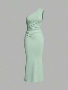 Vestido de fiesta largo hasta el suelo, sin mangas, con drapeado asimétrico y cola de pez, de unicolor para mujer - verde menta - Ver 1