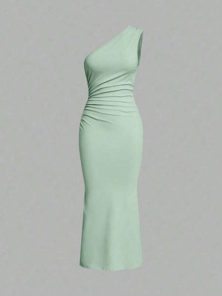 Vestido de fiesta largo hasta el suelo, sin mangas, con drapeado asimétrico y cola de pez, de unicolor para mujer - verde menta - Ver 1