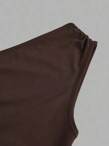 Vestido maxi de cola de pez con hombro asimétrico arrugado de unicolor sin mangas - Marrón Chocolate - Ver 3