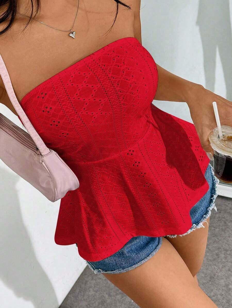 Top tubo con volante en el bajo, unicolor con bordado de ojales - Rojo - Ver 1