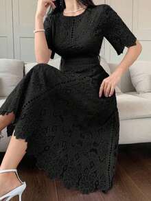 Vestido corto con adorno de encaje en las mangas, vestido mini elegante y refinado - Negro 2 - Ver 1