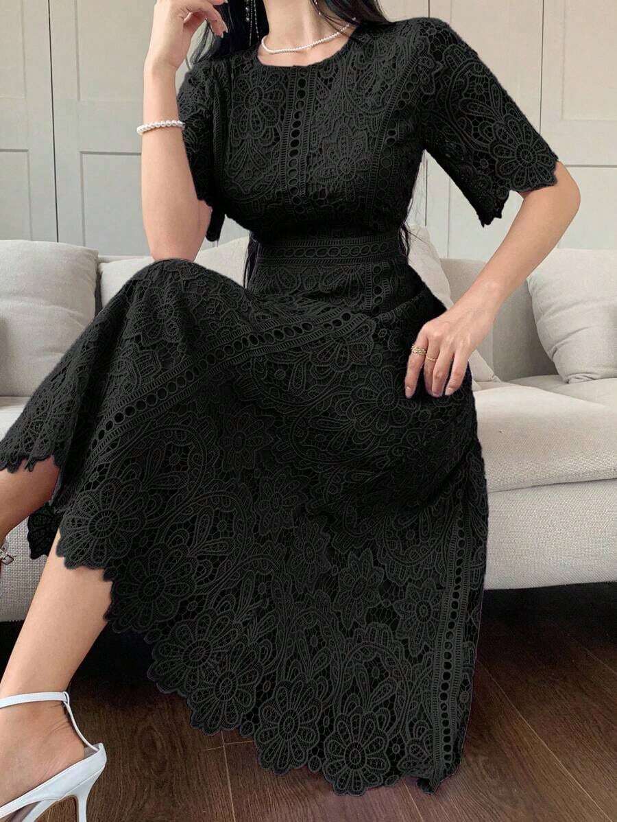 Vestido corto con adorno de encaje en las mangas, vestido mini elegante y refinado - Negro 2 - Ver 1