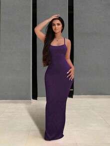 Vestido largo de uso diario con tiras cruzadas sencillas y liso para mujer - Morado Violeta - Ver 4