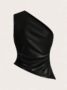 Top de mujer de un solo hombro de PU con plisados en la cintura color borgoña, top estilizador de la cintura para mujeres - Negro - Ver 8