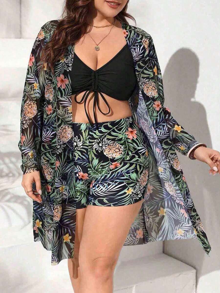 Conjunto de traje de baño estampado tropical de talla grande top de tirantes con cordón y kimono de verano para mujer moda 3 piezas - Negro - Ver 1