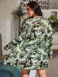 Conjunto de traje de baño estampado tropical de talla grande top de tirantes con cordón y kimono de verano para mujer moda 3 piezas - Verde Oscuro - Ver 2