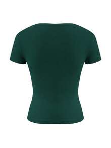 Camiseta ajustada de manga corta con cuello en V de unicolor para mujer, estilo Y2K sexy, adecuada para uso diario casual, blanco verano - Verde Oscuro - Ver 4