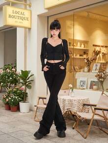 YEAE | Jeans de campana largos y sexy para mujer, ajuste ceñido, denim casual negro con estiramiento medio - Negro - Ver 7