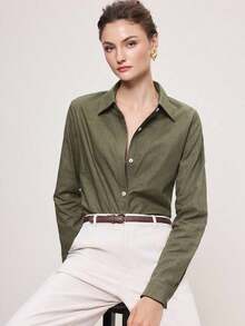 2026 Nueva Camisa Básica Versátil y Elegante para Mujer con Botones Delanteros y Cuello Mao en Color Azul Claro, Adecuada para Ir al Trabajo, Uso Diario, Estilo Retro de los 90, Navidad, Año Nuevo, Fiesta de San Valentín, Playa, Graduación, Moda, - verde militar 2 - Ver 8