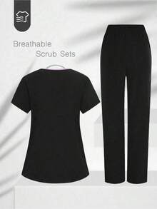 Conjunto de uniforme de pijama de unicolor con parches, cuello en V y manga corta - Negro - Ver 2