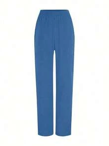 Conjunto de uniforme de pijama de unicolor con parches, cuello en V y manga corta - Azul - Ver 3