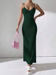 Vestido de encaje ajustado, elegante y romántico para cita nocturna, Día de San Valentín, con tirantes finos y largo, para fiesta de verano - verde oscuro - Ver 2