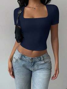 Top corto ajustado de mujer de punto con cuello convertible de unicolor - Azul marino - Ver 4