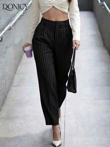 Pantalones rectos de cintura alta de unicolor con pliegues para mujer, suaves y cómodos, versátiles y elegantes para uso casual urbano, adecuados para uso diario casual, citas, fiestas, San Valentín, carnaval y oficina - Negro - Ver 7