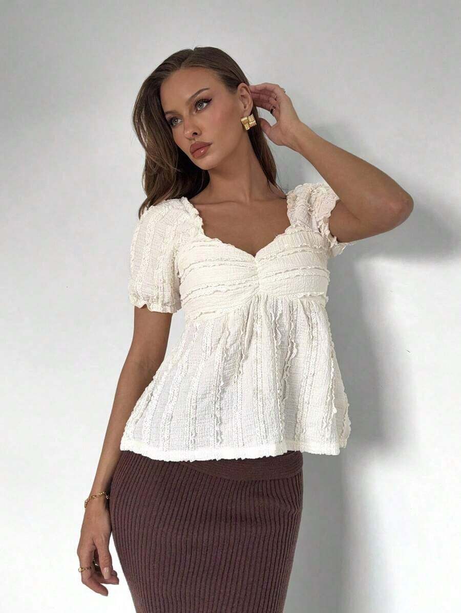 Blusa de encaje de manga corta y cuello cuadrado de unicolor casual, blusa de jersey de encaje, blusa de encaje, top de manga abullonada, top de tela texturizada, top de manga abullonada para mujer - Albaricoque 2 - Ver 1