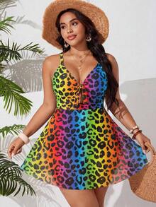 2026 Traje de baño de una pieza con efecto estilizante para tallas grandes| Estampado de leopardo clásico de estilo retro salvaje| Escote en V con lazo ajustable en la parte delantera para realzar el busto| Abertura frontal + dobladillo d - Multicolor 3 - Ver 4