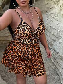 2026 Traje de baño de una pieza con efecto estilizante para tallas grandes| Estampado de leopardo clásico de estilo retro salvaje| Escote en V con lazo ajustable en la parte delantera para realzar el busto| Abertura frontal + dobladillo d - Multicolor 4 - Ver 4