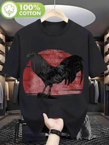Camiseta de Manga Corta para Hombre, Cuello Redondo de Algodón Puro con Estampado Grande de Gallo, Estilo Cuello Redondo, Color Negro - Negro - Ver 7