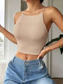 Top Corto Ajustado Y Sin Mangas En Color Sólido Para Mujer Con Cuello Halter - Caqui - Ver 3