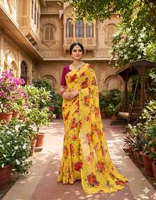 Estationeryhouse Chiffon Saree With Floral  Print In Pastal Colours, Blouse Not Included - 黃色 - 查看 2
