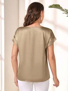 Blusa suelta elegante de verano para mujer con cuello redondo, mangas cortas tipo murciélago y unicolor - Blusas de manga corta - Caqui - Ver 2