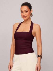 1 Top corto de unicolor con volantes para mujer, camiseta sin mangas ajustada de cuello halter de moda para oficina y transporte, color amarillo mantequilla - Granada - Ver 8