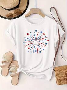 Limited Time Offer, Limited Quantities, Flash ! Women's Casual Shirts, Women's Polyester T-Shirts, Elegant Shirts. Women's T-Shirt With Fireworks Print, Round Neck, Casual Short Sleeves, Lightweight And Stretchy Fabric, Suitable For All Seasons. - 白色 - 查看 3