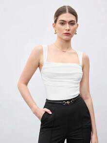 Nueva llegada Primavera/Verano Blusa de tirantes finos con cuello cuadrado y cintura ceñida para mujer, diseño elegante y único, adecuado para oficina, viajes, ocasiones formales, fiestas, bodas, conciertos, uso casual - Blanco - Ver 5