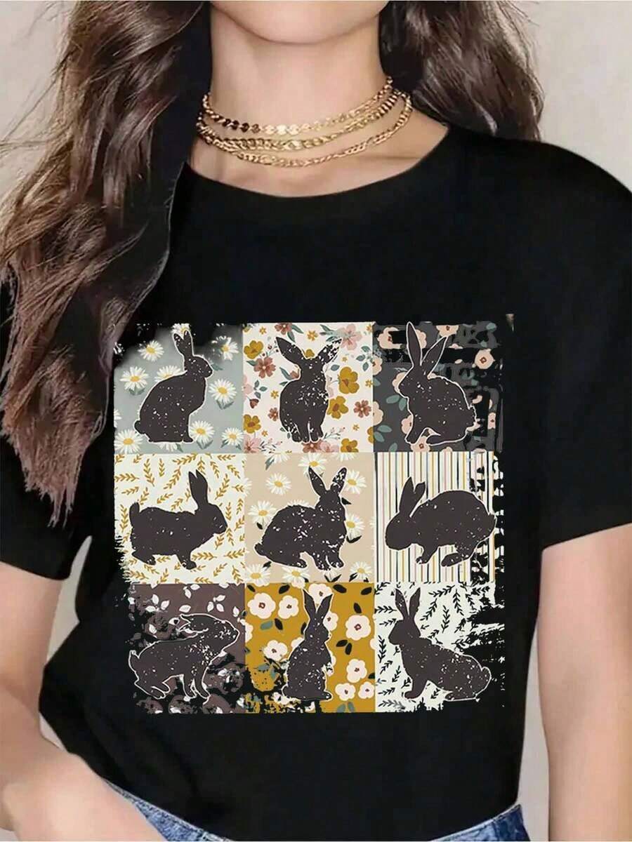 Women's Short-Sleeved T-Shirt, Rabbit Print T-Shirt, Casual For Spring And Summer, With Floral Print And Animal Design, Loose Fit, As An Easter Gift, Fashionable Artistic And Eye-Catching Shirt. - Black - View 1