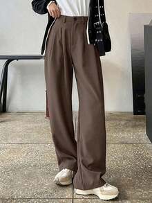 Pantalones de pierna ancha con detalle de plisado de cintura alta, pantalones de vestir para mujer, ropa de vuelta al colegio para otoño - Óxido marrón - Ver 6