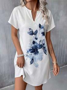 Vestido casual de mujer con estampado floral, cuello en V y manga corta para vacaciones - Blanco - Ver 3