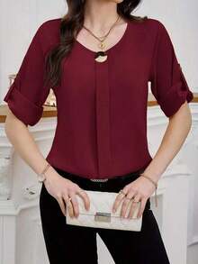 Clasi Blusa casual sencilla para uso diario con cuello redondo, manga corta y botones delanteros para mujer - Rojo - Ver 3