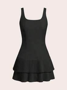 Vestido negro casual de mini falda con cuello cuadrado, sin mangas, con volantes y dobladillo plisado. Vestido negro mini lindo y elegante para mujeres. - Negro - Ver 7
