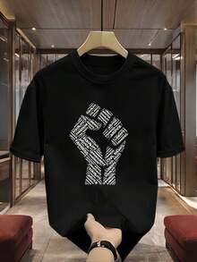 Camiseta de hombre de algodón 100% de alto gramaje con estampado - Diseño geométrico llamativo, manga corta, cuello redondo, estilo casual, adecuada para adolescentes y jóvenes adultos para uso diario en verano, lavable a máquina, tela no transparente. - Negro - Ver 1