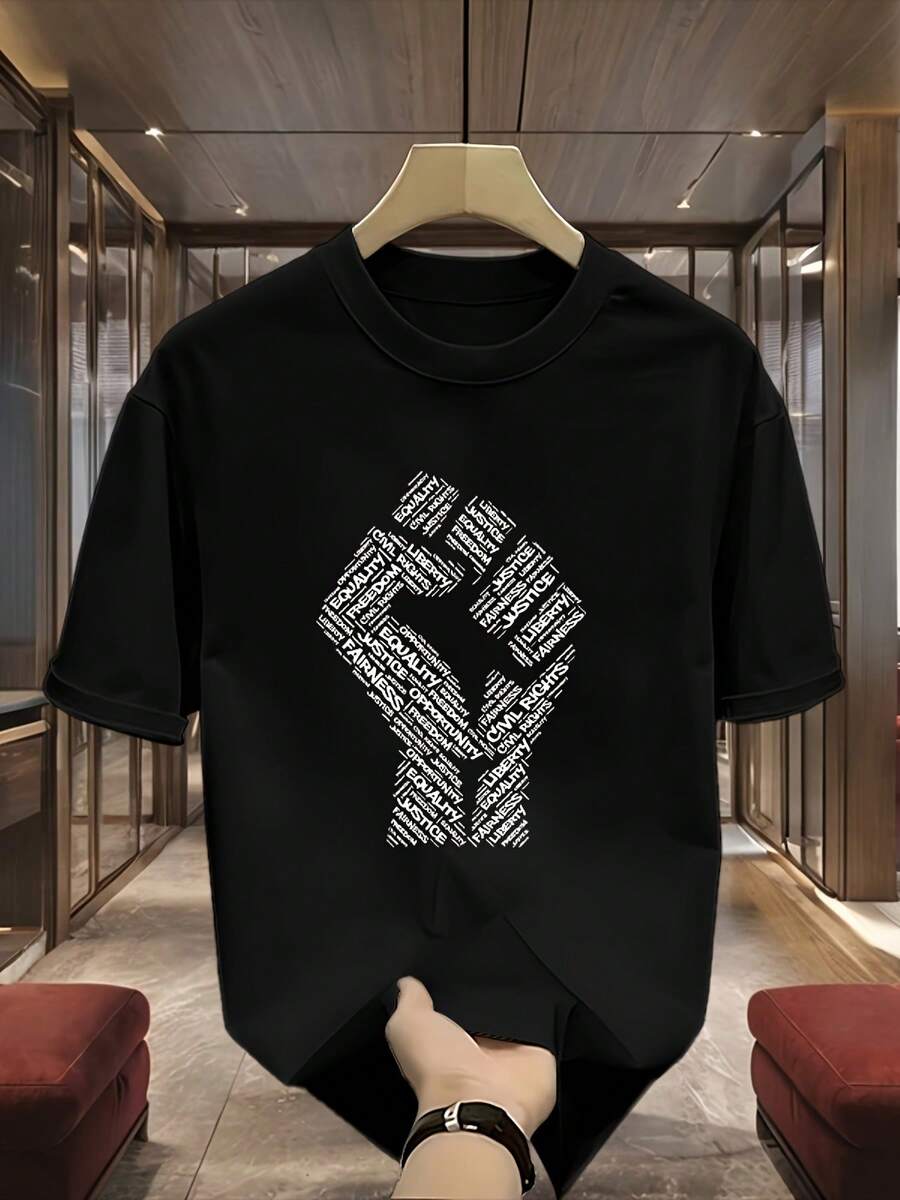 Camiseta de hombre de algodón 100% de alto gramaje con estampado - Diseño geométrico llamativo, manga corta, cuello redondo, estilo casual, adecuada para adolescentes y jóvenes adultos para uso diario en verano, lavable a máquina, tela no transparente. - Negro - Ver 1