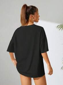 Camiseta Casual de Corte Holgado para Mujer con Estampado Abstracto de Rostro de Rosa, Transpirable y Cómoda, Manga Corta, Cuello Redondo, Estampado Minimalista de Líneas Blancas, Algodón Suave, Perfecta para Uso Diario y Estilo Urbano Artístico - Negro - Ver 2