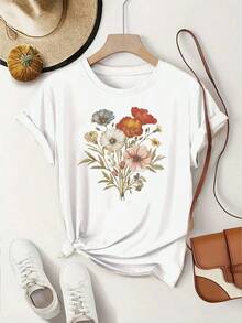 Women's Beige Floral T-Shirt With "Blooming Plants" Print - Vintage Floral Print Suitable For Summer Brunch, Beach Day And Girls' Night Out -  Casual Earth Tones Outfit For Sports - 白色 - 查看 6