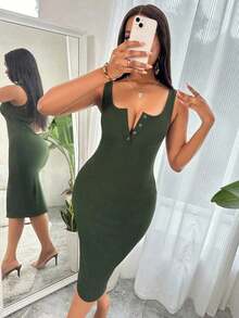 Vestido largo de punto ajustado con medio botón y acanalado, color burdeos, atuendo de mujer - Verde militar - Ver 5