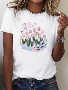 FashionNEW New Women's T-Shirt, 1-Pack, Soft Pure Cotton T-Shirt With Butterfly, Star, And Tulip Design - Comfortable And Loose Fit, Short Sleeves, Crew Neck, Geometric Design, Machine Washable, Casual Style, Suitable For All Seasons. | Women's Stretch T-Shirt - Unisex Vintage Urban Style, Loose Fit, Pure Cotton, Short Sleeve, Crew Neck - 白色 - 查看 1