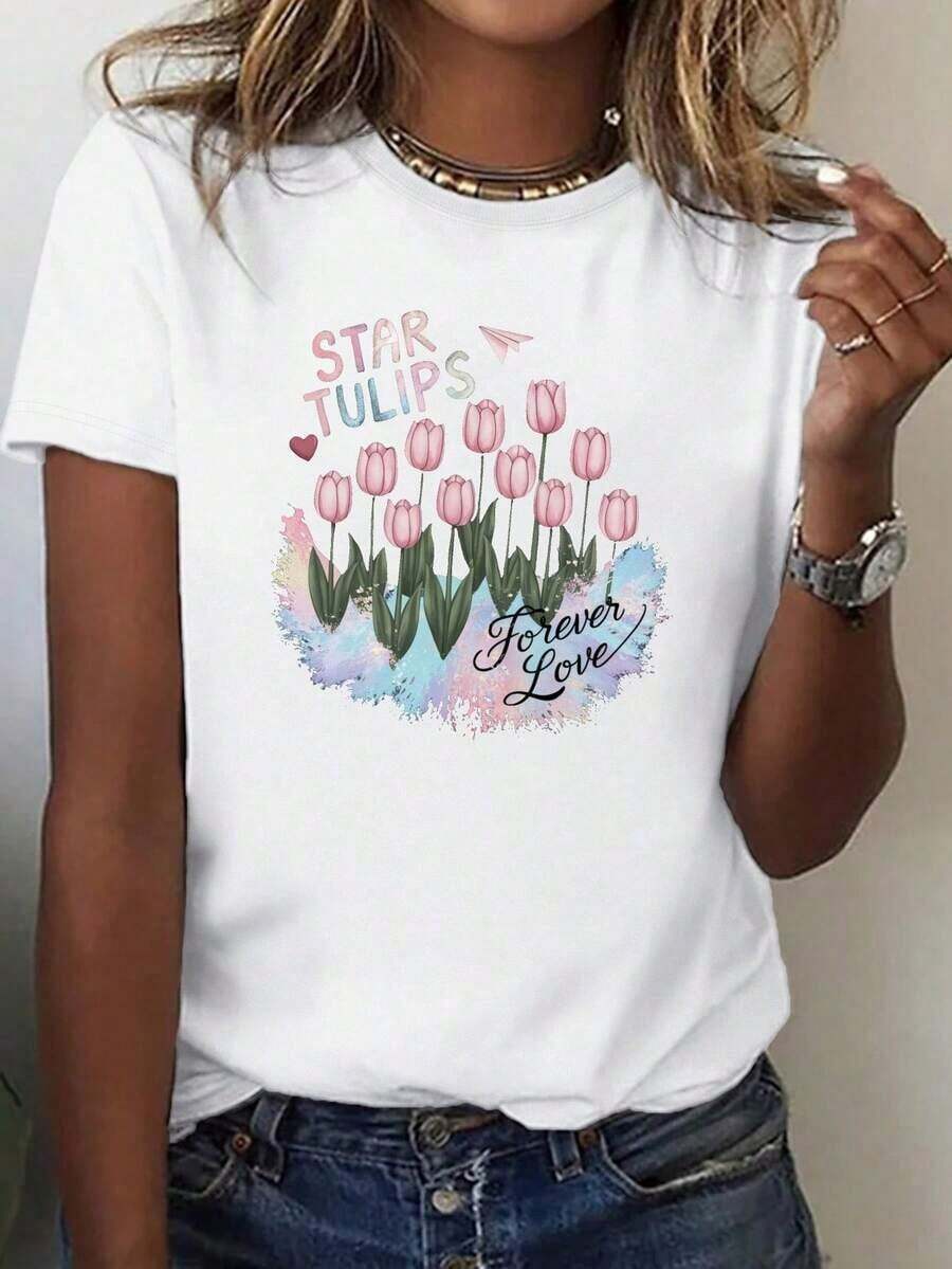 FashionNEW New Women's T-Shirt, 1-Pack, Soft Pure Cotton T-Shirt With Butterfly, Star, And Tulip Design - Comfortable And Loose Fit, Short Sleeves, Crew Neck, Geometric Design, Machine Washable, Casual Style, Suitable For All Seasons. | Women's Stretch T-Shirt - Unisex Vintage Urban Style, Loose Fit, Pure Cotton, Short Sleeve, Crew Neck - 白色 - 查看 1