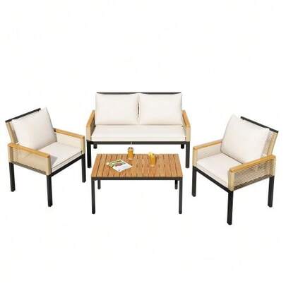 Garden Lounge Set, Garden Furniture Set With Comfortable Cushions, Two-Seater Sofa, 2 Armchairs And Table, Outdoor, Rattan, Table And Chairs, Beige