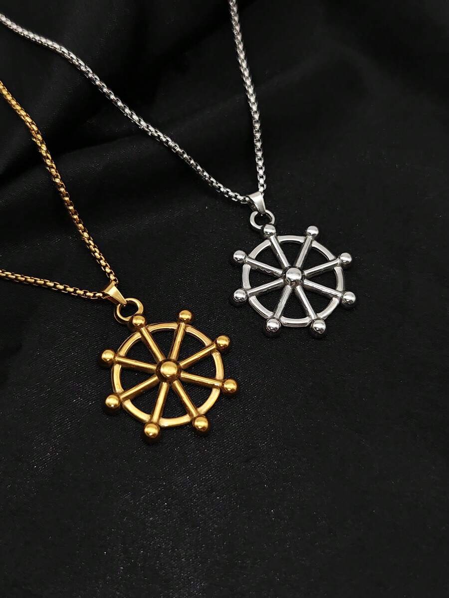 1pc Vintage Nautical Rudder Stainless Steel Compass Necklace, Anti-Fading, Suitable For Commuting And Dating, Unique Meaning Gift For Boyfriend/Girlfriend - Rudder - View 1